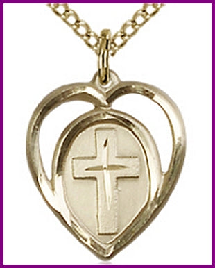 14kt Gold Filled Heart with Cross, 5/8", your choice of chain, # 48116