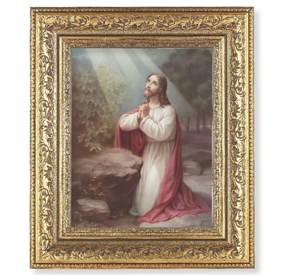Christ on The Mount of Olives Picture, 12-1/2"x14-1/2, Antique Gold Leaf Carvings Ornate Frame, Italian Print Under Glass # 25426