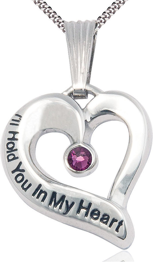 I'll Hold You In My Heart Pewter Medal, 1", 3mm Amethyst Birthstone, Your Choice of Chain, # 4812