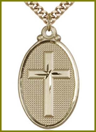 Solid 18kt Gold Oval Cross, 1-1/8", Free Chain, # 48124