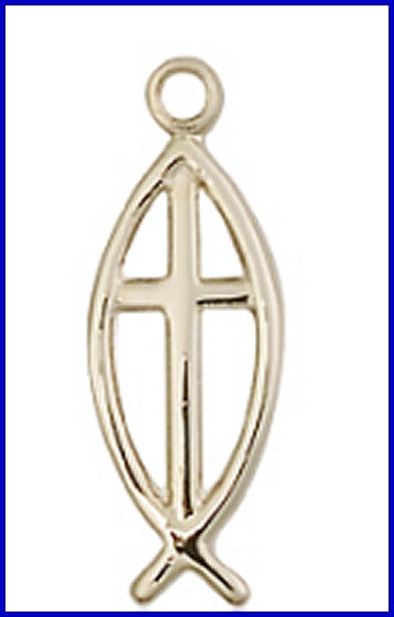 Fish / Icthus Cross in Solid 14kt Gold, 3/4", Free Chain, # 48136