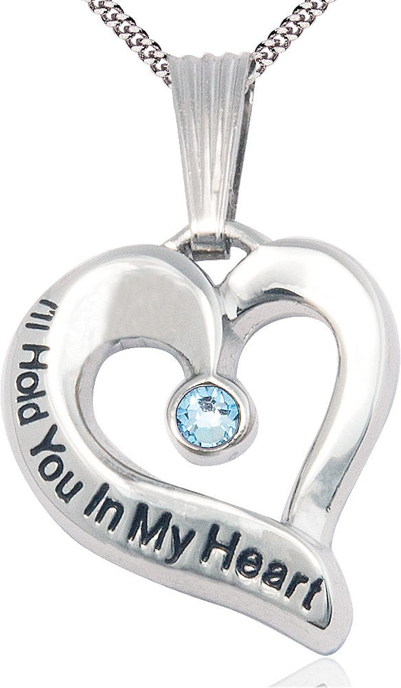 I'll Hold You In My Heart Pewter Medal, 1", 3mm Aqua Birthstone, Your Choice of Chain, # 4814