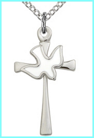 7/8" Sterling Silver Holy Spirit Cross, White Enamel, your choice of chain, # 48145