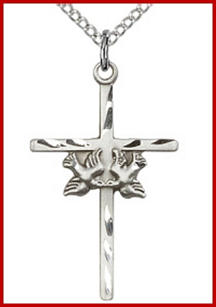 1" Sterling Silver Twin Dove Cross, your choice of chain, # 48237