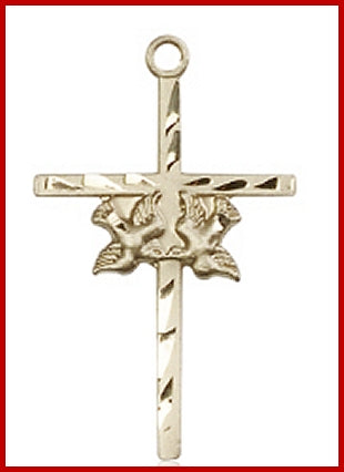 1" Solid 14kt Gold Twin Dove Cross, Free Chain, # 48239