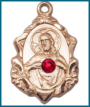 3/4" Solid 14kt Gold Scapular Medal, Your Choice of 3mm Swarovski Birthstone (Ruby Displayed), Free Chain, # 48277