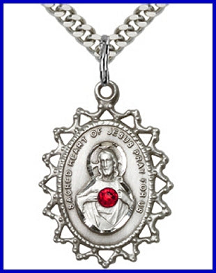 1" Sterling Silver Scapular Medal, Your Choice of 3mm Swarovski Birthstone (Ruby Displayed), your choice of chain, # 48279