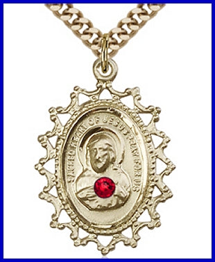 1" 14kt Gold Filled Scapular Medal, Your Choice of 3mm Swarovski Birthstone (Ruby Displayed), your choice of chain, # 48280