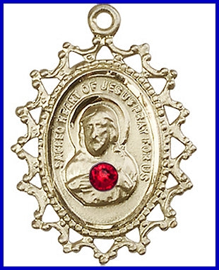1" Solid 18kt Gold Scapular Medal, Your Choice of 3mm Swarovski Birthstone (Ruby Displayed), Free Chain, # 48282