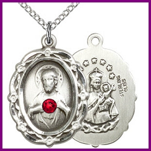7/8" Sterling Silver Scapular Medal, Your Choice of 3mm Swarovski Birthstone (Ruby Displayed), your choice of chain, # 48283