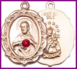7/8" Solid 14kt Gold Scapular Medal, Your Choice of 3mm Swarovski Birthstone (Ruby Displayed), Free Chain, # 48285