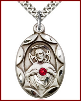 1" Sterling Silver Scapular Medal, Your Choice of 3mm Swarovski Birthstone (Ruby Displayed), your choice of chain, # 48287
