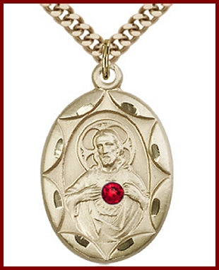 1" Solid 14kt Gold Scapular Medal, Your Choice of 3mm Swarovski Birthstone (Ruby Displayed), Free Chain, # 48289