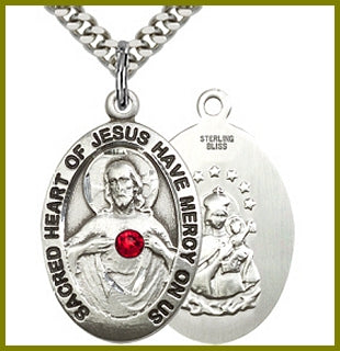 1" Sterling Silver Scapular Medal, Your Choice of 3mm Swarovski Birthstone (Ruby Displayed), your choice of chain, # 48291