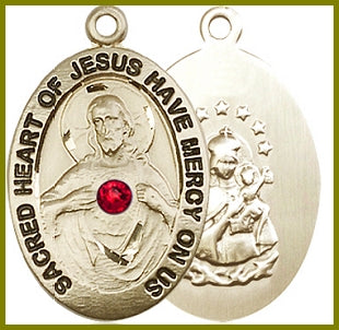 1" Solid 14kt Gold Scapular Medal, Your Choice of 3mm Swarovski Birthstone (Ruby Displayed), Free Chain, # 48294