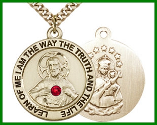 7/8" 14kt Gold Filled Scapular Medal, Your Choice of 3mm Swarovski Birthstone (Ruby Displayed), your choice of chain, # 48298