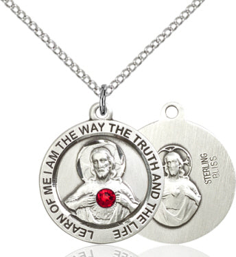 3/4" Sterling Sacred Heart Medal, Your Choice of 3mm Swarovski Birthstone (Ruby Displayed), your choice of chain, # 48301