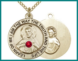 3/4" 14kt Gold Filled Sacred Heart Medal, Your Choice of 3mm Swarovski Birthstone (Ruby Displayed), your choice of chain, # 48302