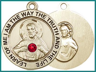 3/4" Solid 18kt Gold Sacred Heart Medal, Your Choice of 3mm Swarovski Birthstone (Ruby Displayed), Free Chain, # 48304