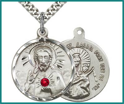 3/4" Sterling Scapular Medal, Your Choice of 3mm Swarovski Birthstone (Ruby Displayed), your choice of chain, # 48305