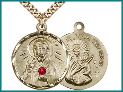 3/4" 14kt Gold Filled, Scapular Medal, Your Choice of 3mm Swarovski Birthstone (Ruby Displayed), your choice of chain, # 48306