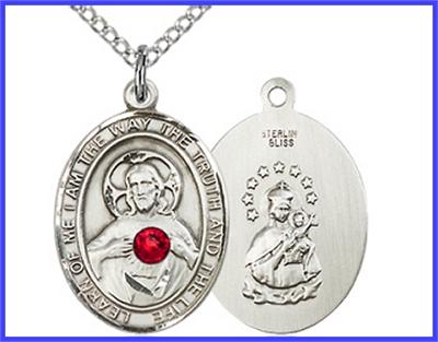 3/4"x9/16" Sterling Scapular Medal, Your Choice of 3mm Swarovski Birthstone (Ruby Displayed), your choice of chain, # 48309
