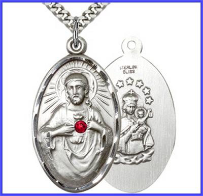 1-3/8" Sterling Scapular Medal, Your Choice of 3mm Swarovski Birthstone (Ruby Displayed), your choice of chain, # 48313