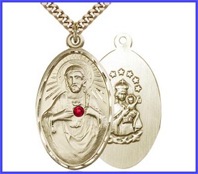 1-3/8" 14kt Gold Filled Scapular Medal, Your Choice of 3mm Swarovski Birthstone (Ruby Displayed), your choice of chain, # 48314