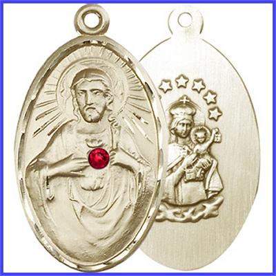 1-3/8" Solid 14kt Gold Scapular Medal, Your Choice of 3mm Swarovski Birthstone (Ruby Displayed), Free Chain, # 48315