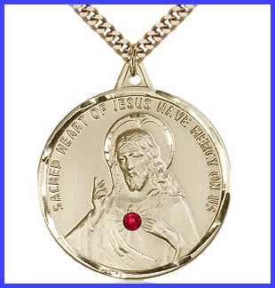 1-1/4" dia. 14kt Gold Filled, Scapular Medal, Your Choice of 3mm Swarovski Birthstone (Ruby Displayed), your choice of chain, # 48318
