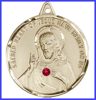 1-1/4" dia. Solid 14kt Gold Scapular Medal, Your Choice of 3mm Swarovski Birthstone (Ruby Displayed), Free Chain, # 48319