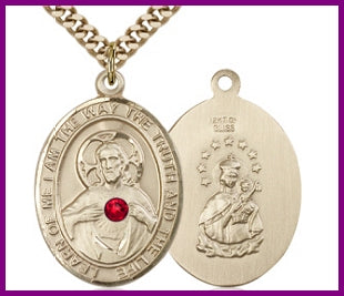 1" 14kt Gold Filled Scapular Medal, Your Choice of 3mm Swarovski Birthstone (Ruby Displayed), your choice of chain, # 48322