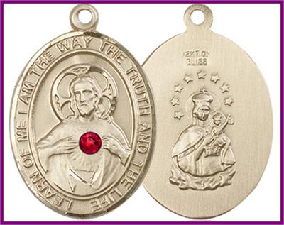 1" Solid 18kt Gold Scapular Medal, Your Choice of 3mm Swarovski Birthstone (Ruby Displayed), Free Chain, # 48324