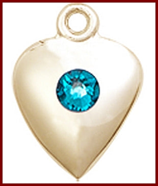 7/16" Solid 18kt Gold Heart Medal, Your Choice of 3mm Swarovski Birthstone (Zircon Displayed), Free Chain, # 48328