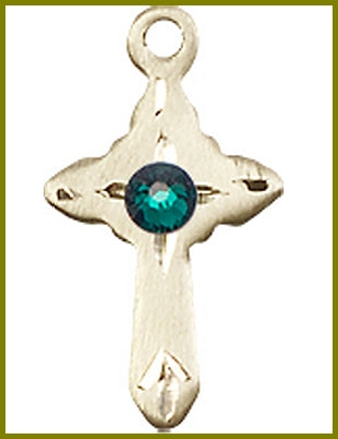 5/8" Solid 14kt Gold Cross, Your Choice of 3mm Swarovski Birthstone (Emerald Displayed), Free Chain, # 48331