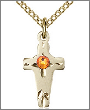5/8" 14kt Gold Filled Cross, Your Choice of 3mm Swarovski Birthstone (Topaz Displayed), your choice of chain, # 48334