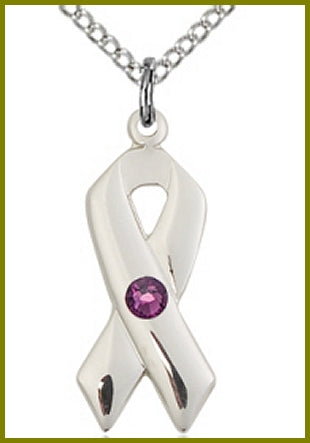 7/8" Sterling Cancer Ribbon, Your Choice of 3mm Swarovski Birthstone (Amethyst Displayed), your choice of chain, # 48337