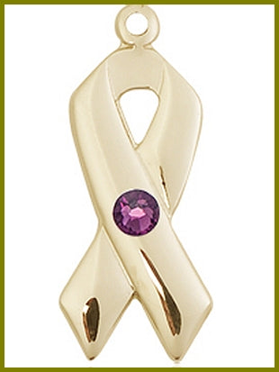 7/8" Solid 14kt Gold Cancer Ribbon, Your Choice of 3mm Swarovski Birthstone (Amethyst Displayed), Free Chain, # 48339