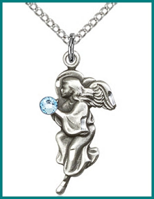 7/8" Sterling Silver Angel, Your Choice of 3mm Swarovski Birthstone (Aqua Displayed), your choice of chain, # 48349