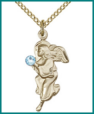7/8" 14kt Gold Filled Angel, Your Choice of 3mm Swarovski Birthstone (Aqua Displayed), your choice of chain, # 48350