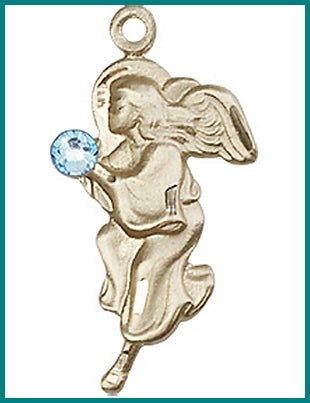 7/8" Solid 14kt Gold Angel, Your Choice of 3mm Swarovski Birthstone (Aqua Displayed), Free Chain, # 48351
