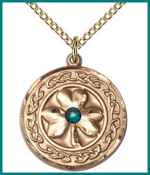 3/4" 14kt Gold Filled Shamrock Medal, Your Choice of 3mm Swarovski Birthstone (Emerald Displayed), your choice of chain, # 48354