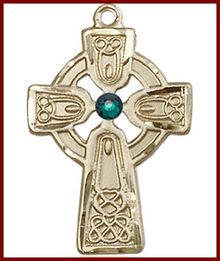 1" Solid 14kt Gold Celtic Cross, Your Choice of 3mm Swarovski Birthstone (Emerald Displayed), Free Chain, # 48360