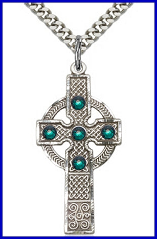 1-3/8" Sterling Kilklispeen Cross, Your Choice of 3mm Swarovski Birthstone (Emerald Displayed), Your Choice of Chain, # 48362