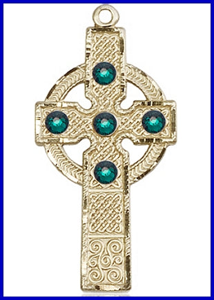 1-3/8" Solid 14kt Gold Kilklispeen Cross, Your Choice of 3mm Swarovski Birthstone (Emerald Displayed), Free Chain, # 48364