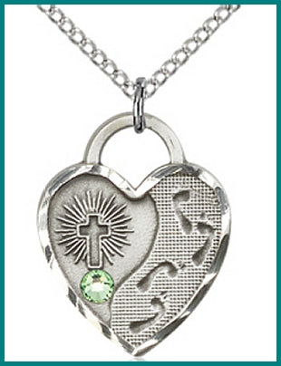 3/4" Sterling Silver Footprints Heart, Your Choice of 3mm Swarovski Birthstone (Peridot Displayed), your choice of chain, # 48366