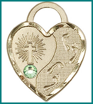 3/4" Solid 18kt Gold Footprints Heart, Your Choice of 3mm Swarovski Birthstone (Peridot Displayed), Free Chain, # 48369