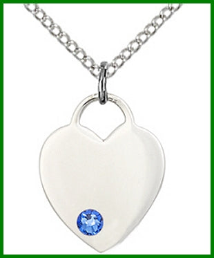5/8" Sterling Silver Heart, Your Choice of 3mm Swarovski Birthstone (Sapphire Displayed), your choice of chain, # 48370