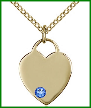 5/8" 14kt Gold Filled Heart, Your Choice of 3mm Swarovski Birthstone (Sapphire Displayed), your choice of chain, # 48371