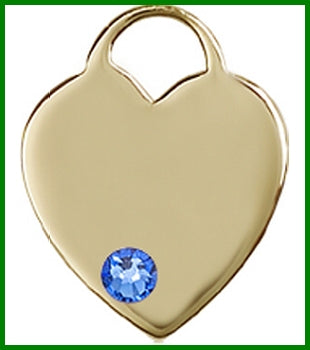 5/8" Solid 14kt Gold Heart, Your Choice of 3mm Swarovski Birthstone (Sapphire Displayed), Free Chain, # 48372